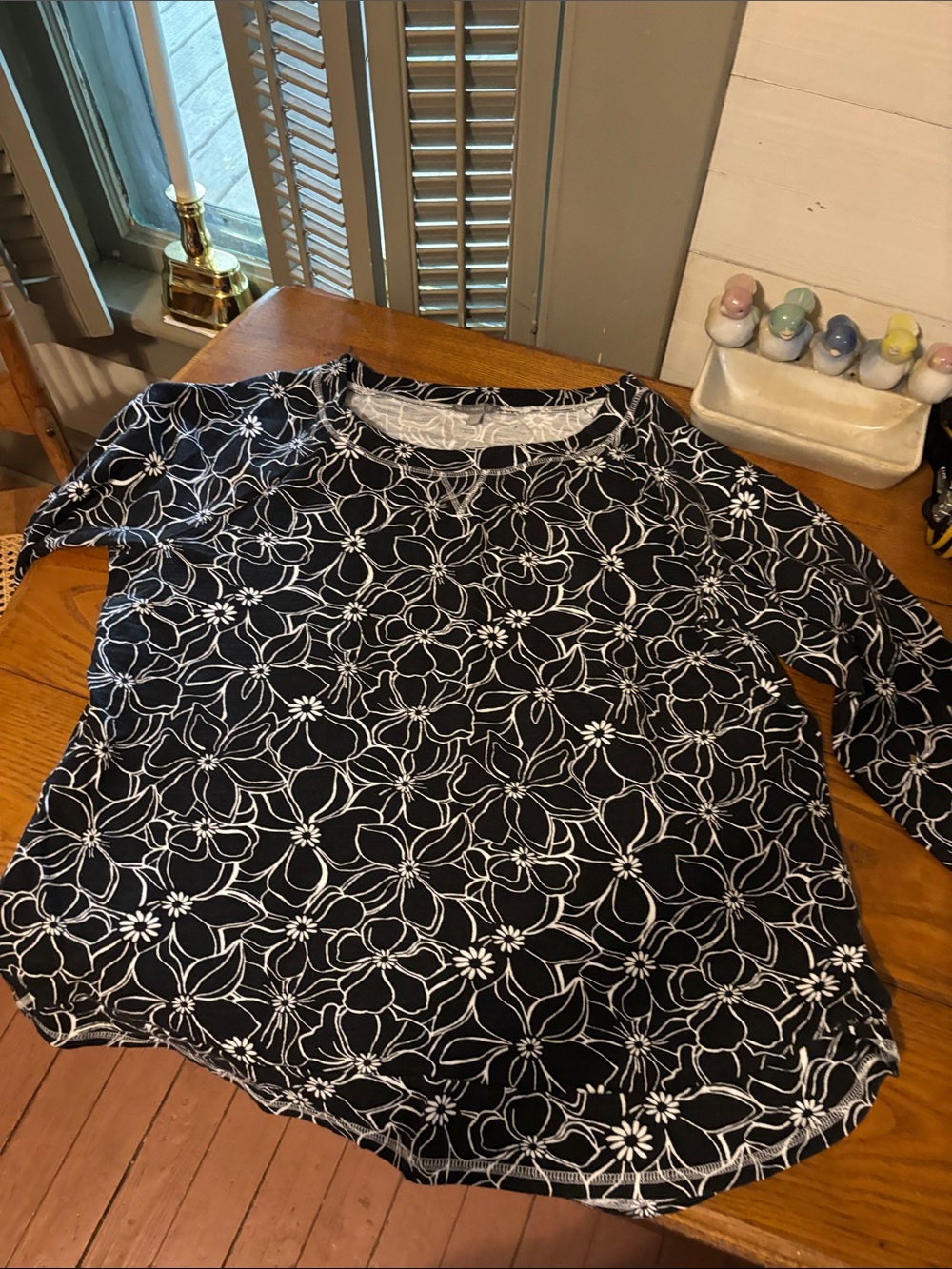 Talbots Black Long-Sleeve Tee with White Floral Print